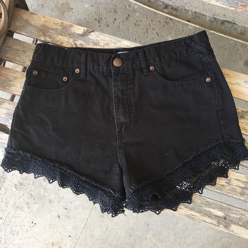 Free People Black Denim Shorts with Lace Trim
